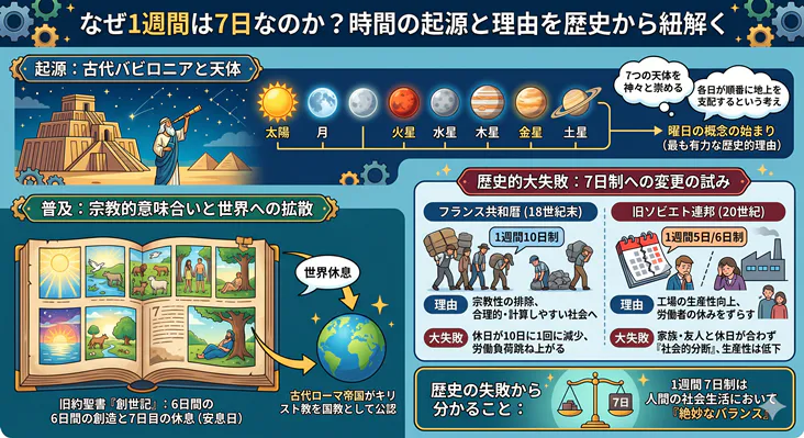 1週間が7日である理由と歴史的背景を解説した図解。古代バビロニアの天体観測を起源とする曜日の始まり、旧約聖書の安息日による普及、そしてフランス共和暦(10日制)や旧ソ連(5日・6日制)での変更の失敗例から、7日制が人間社会に最適なバランスであることを示しています。