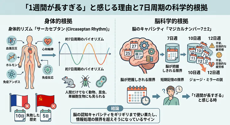 「1週間が長すぎる」と感じる理由と7日周期の科学的根拠を解説した図解。身体的リズム「サーカセプタン」と、脳科学の「マジカルナンバー7」の視点から、週7日制が人間の認知キャパシティの限界であることを説明しています。