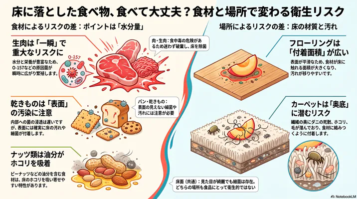床に落ちた食べ物の衛生リスクを図解。食材の水分量(生肉・乾きもの・ナッツ)や床の材質(フローリング・カーペット)による危険性の違いを解説しています。