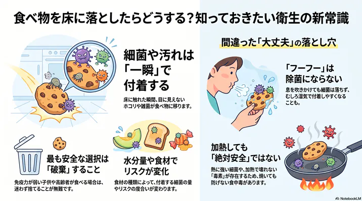 食べ物を床に落とした際の衛生リスクと新常識を解説する図解。細菌が一瞬で付着すること、息を吹きかける行為や加熱では除菌・食中毒予防にならないこと、子供や高齢者には破棄が最も安全な選択であることをイラストで説明しています。