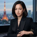 夕暮れの東京タワーを背景に、黒いスーツ姿で決意に満ちた表情を浮かべる沢尻エリカのポートレート。高級感のある高層ビルの窓際で、エレガントなジュエリーを身につけ、新たなスタートや復帰を印象づける洗練されたビジネススタイル。