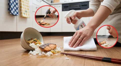 キッチンのフローリングに落としたご飯や焼き鮭を除菌スプレーで掃除する様子と、落ちた食べ物に息を吹きかけたりバーナーで加熱殺菌しようとする「3秒ルール」のイメージ画像
