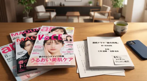 亀梨和也と田中みな実の馴れ初めを象徴する、美容雑誌と共演ドラマの台本が置かれたリビングのテーブル