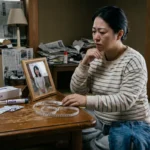 和室の畳の上に座り、木製のテーブルを前にして物思いにふける日本人の中年女性。彼女の表情は憂鬱で、深い悩みや不安を滲ませながら顎に手を当てている。テーブルの上には、「MEDICATION PREFILLED PEN(自己注射薬プリフィルドペン)」と記された白い箱と、その前に置かれた注射器、そして錠剤のシートがある。その隣には、巻尺(メジャー)と、笑顔の若い女性(おそらく娘)の遺影と思われる写真が並んでいる。女性は横縞の服を着て、あぐらをかき、巻尺の近くに手を置いている。彼女の視線は虚空を見つめ、複雑な感情を表している。 背景の部屋は生活感にあふれ、棚には新聞紙、雑誌、ペットボトルなどが雑然と積み重なっている。右側の障子窓からは外光が差し込み、右奥の床には電子体重計が見える。壁には新聞記事が貼られている。このシーンは、中高年女性が抱える健康上の悩み、老化への不安、生活習慣病予防、あるいはダイエットへのプレッシャーと、家族への思い(特に写真の人物との関係)が交錯する瞬間を捉えている。医療器具、巻尺、体重計、そして遺影の組み合わせは、具体的な健康管理の取り組みとその精神的な困難さを象徴している。