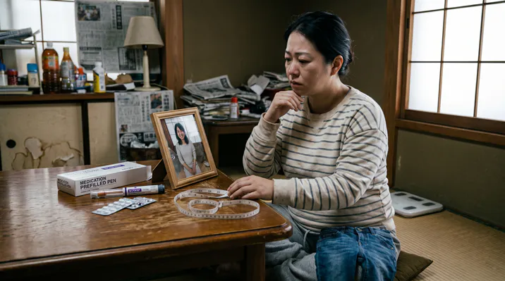 和室の畳の上に座り、木製のテーブルを前にして物思いにふける日本人の中年女性。彼女の表情は憂鬱で、深い悩みや不安を滲ませながら顎に手を当てている。テーブルの上には、「MEDICATION PREFILLED PEN（自己注射薬プリフィルドペン）」と記された白い箱と、その前に置かれた注射器、そして錠剤のシートがある。その隣には、巻尺（メジャー）と、笑顔の若い女性（おそらく娘）の遺影と思われる写真が並んでいる。女性は横縞の服を着て、あぐらをかき、巻尺の近くに手を置いている。彼女の視線は虚空を見つめ、複雑な感情を表している。 背景の部屋は生活感にあふれ、棚には新聞紙、雑誌、ペットボトルなどが雑然と積み重なっている。右側の障子窓からは外光が差し込み、右奥の床には電子体重計が見える。壁には新聞記事が貼られている。このシーンは、中高年女性が抱える健康上の悩み、老化への不安、生活習慣病予防、あるいはダイエットへのプレッシャーと、家族への思い（特に写真の人物との関係）が交錯する瞬間を捉えている。医療器具、巻尺、体重計、そして遺影の組み合わせは、具体的な健康管理の取り組みとその精神的な困難さを象徴している。