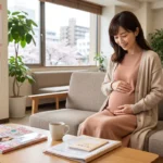 産婦人科クリニックの明るい待合室のソファに座り、お腹に手を当ててリラックスした笑顔を浮かべる妊娠後期の女性