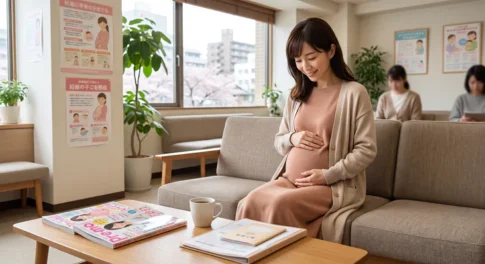 産婦人科クリニックの明るい待合室のソファに座り、お腹に手を当ててリラックスした笑顔を浮かべる妊娠後期の女性