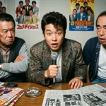 昭和のテレビ局の楽屋を思わせる部屋で、マイクを握り熱弁する若手コメディアンと、腕を組み険しい表情で見つめるベテラン芸人たち。机にはVHSテープや週刊誌が置かれ、背後には「全員集合」風のポスターが貼られたレトロな雰囲気のAI生成画像。