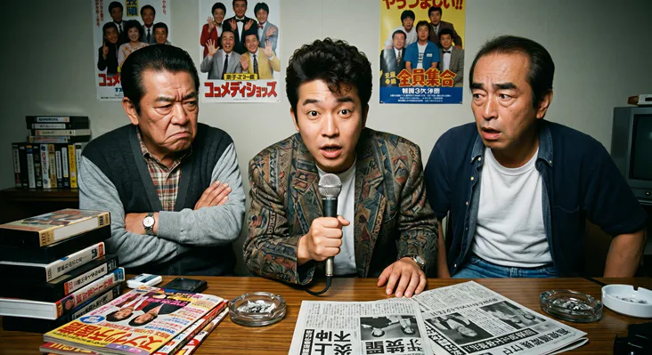 昭和のテレビ局の楽屋を思わせる部屋で、マイクを握り熱弁する若手コメディアンと、腕を組み険しい表情で見つめるベテラン芸人たち。机にはVHSテープや週刊誌が置かれ、背後には「全員集合」風のポスターが貼られたレトロな雰囲気のAI生成画像。