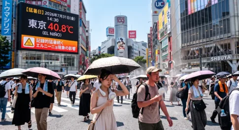 「気温40.8℃を記録した2026年夏の東京・渋谷スクランブル交差点。エルニーニョ現象による猛暑の中、日傘や携帯扇風機で暑さ対策をして歩く人々。」
