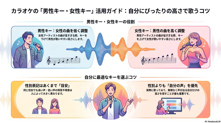 カラオケの「男性キー・女性キー」活用ガイド。女性の曲を低くする男性キー、男性の曲を高くする女性キーの役割と、性別表記を目安にしつつ「自分の声」を優先して歌いやすい最適なキーを選ぶコツを図解したインフォグラフィック。