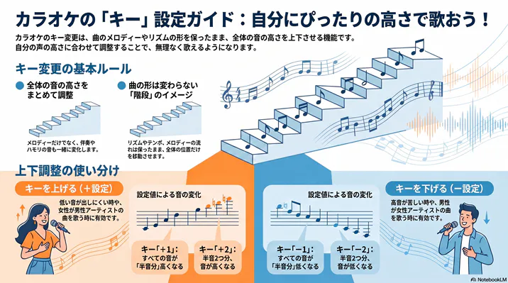 「カラオケのキー設定・変更の仕組みを図解したガイド。キーを上げる(+1,+2)、下げる(-1,-2)ことによる半音の変化や、男女別の曲を歌う際の適切な使い分けを解説しています。」