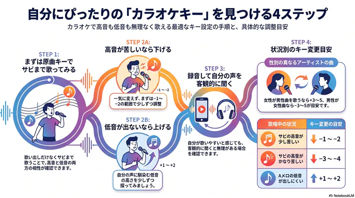 自分にぴったりのカラオケキーを見つける4ステップ。原曲での試し歌いから、高音・低音の調整、録音での客観視、男女別の曲を歌う際の具体的なキー変更目安(±3〜5など)までを図解で解説。
