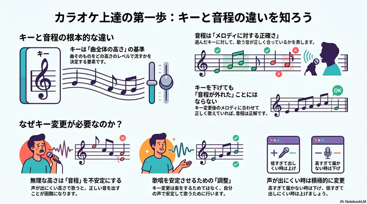 「カラオケ上達のための図解:曲全体の高さを決める『キー』とメロディの正確さを表す『音程』の根本的な違いと、歌唱を安定させるためにキー変更が必要な理由」