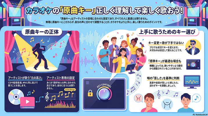 カラオケで上手に歌うための「原曲キー」の正しい理解とキー調整のポイントを解説した図解。原曲キーはアーティスト専用の音域設定であることや、自分の声や喉の感覚に合わせてキー変更を行うことが、カラオケを楽しむ秘訣であることを説明しています。