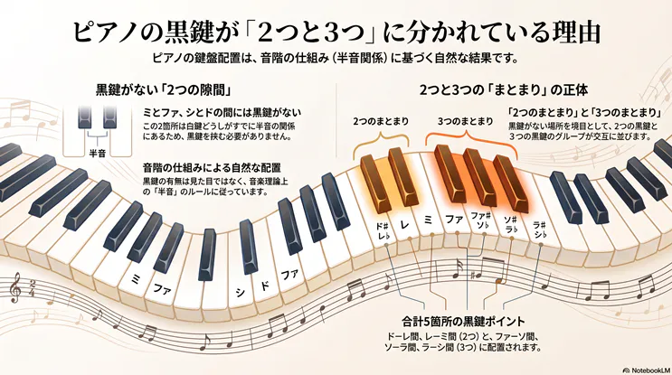 ピアノの黒鍵が2つと3つのグループに分かれている理由を、音階の半音の仕組みから図解で解説したインフォグラフィック。ミとファ、シとドの間に黒鍵がない理由も音楽理論に基づいて説明しています。