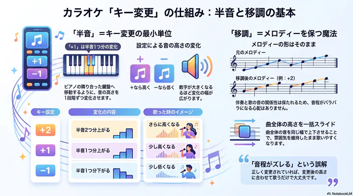 カラオケの「キー変更」の仕組みを解説した図解。半音を最小単位として音の高さを上下させることや、メロディーの形を保ったまま曲全体をスライドさせる「移調」の基本を、鍵盤や五線譜を用いて説明しています。