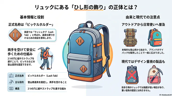 リュックにある「ひし形の飾り」の正体や役割を解説する図解。正式名称である「ピッケルホルダー(ラッシュタブ)」の意味、使い方、アウトドアから日常への由来、現代のリュックにおける注意点がまとめられている。