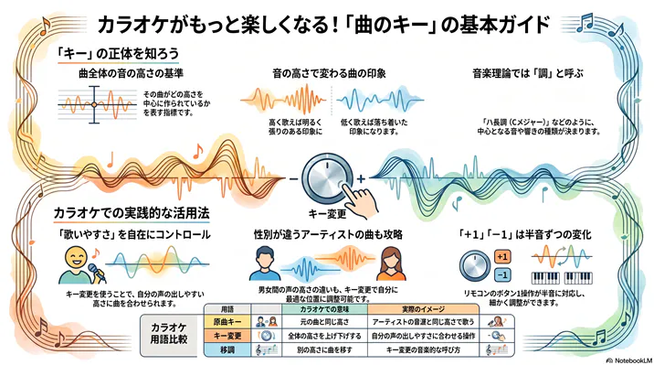 カラオケでの「曲のキー」の仕組みと実践的な活用法を解説した図解。キー(調)の正体や音の高さによる印象の違いから、歌いやすさをコントロールするためのキー変更(男女の音域調整や±1の半音変化)、原曲キーや移調といった用語比較まで、カラオケを楽しくするための基本をまとめています。