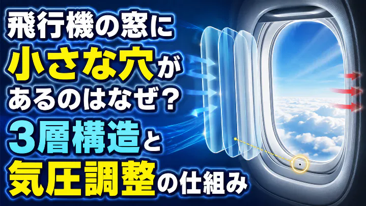 飛行機の窓に小さな穴がある理由と3層構造・気圧調整の仕組みを解説した画像