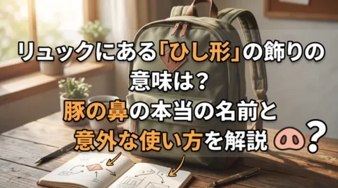 リュックサックにある「ひし形の飾り(通称:豚の鼻)」の本当の名前と、その意味や意外な使い方を解説するサムネイル画像。緑色のリュックと解説図が描かれたノートが机に置かれている。
