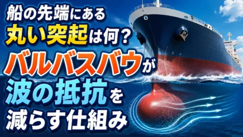 船の先端にある丸い突起「バルバスバウ」が波の抵抗を減らす仕組みを示した図解