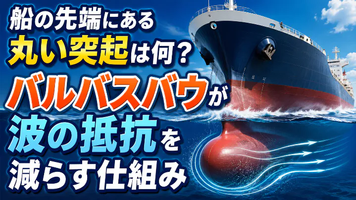 船の先端にある丸い突起「バルバスバウ」が波の抵抗を減らす仕組みを示した図解