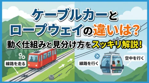 「ケーブルカーとロープウェイの違いを比較し、線路を走る仕組みや空中を進む仕組み、見分け方を解説した図解イラスト」