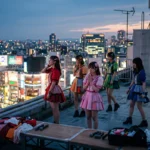 夕暮れの都会の夜景を背に屋上に佇む6人のアイドル。手前には置かれたマイクと衣装があり、グループの解散や活動の区切りを象徴するエモーショナルな情景。