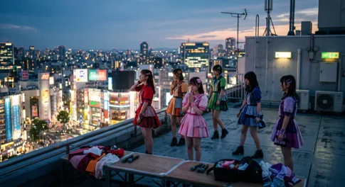夕暮れの都会の夜景を背に屋上に佇む6人のアイドル。手前には置かれたマイクと衣装があり、グループの解散や活動の区切りを象徴するエモーショナルな情景。