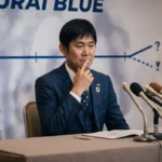 SAMURAI BLUEのバックボードを背に、契約延長について口元に手を当てて熟考する森保一監督のバストアップ写真