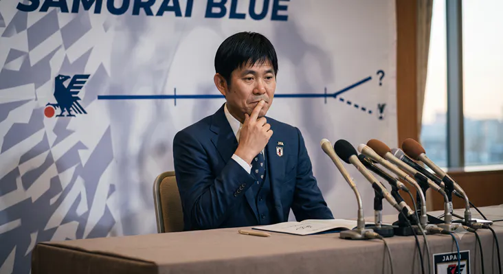 SAMURAI BLUEのバックボードを背に、契約延長について口元に手を当てて熟考する森保一監督のバストアップ写真