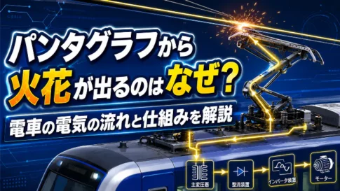 パンタグラフから火花が出る理由を、電車の電気の流れや架線との仕組みとあわせて解説するアイキャッチ画像
