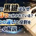 ピアノの黒鍵はなぜ2つと3つに分かれているのか、白鍵との違いと役割を解説する画像