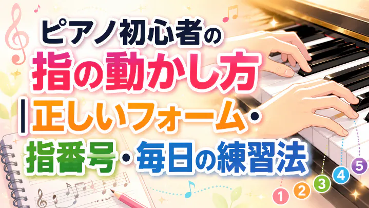 ピアノ初心者の指の動かし方を解説するアイキャッチ画像|正しいフォーム・指番号・毎日の練習法