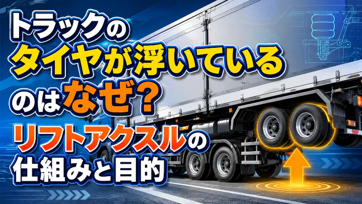 トラックのタイヤが浮いている理由とリフトアクスルの仕組み・目的を解説するアイキャッチ画像