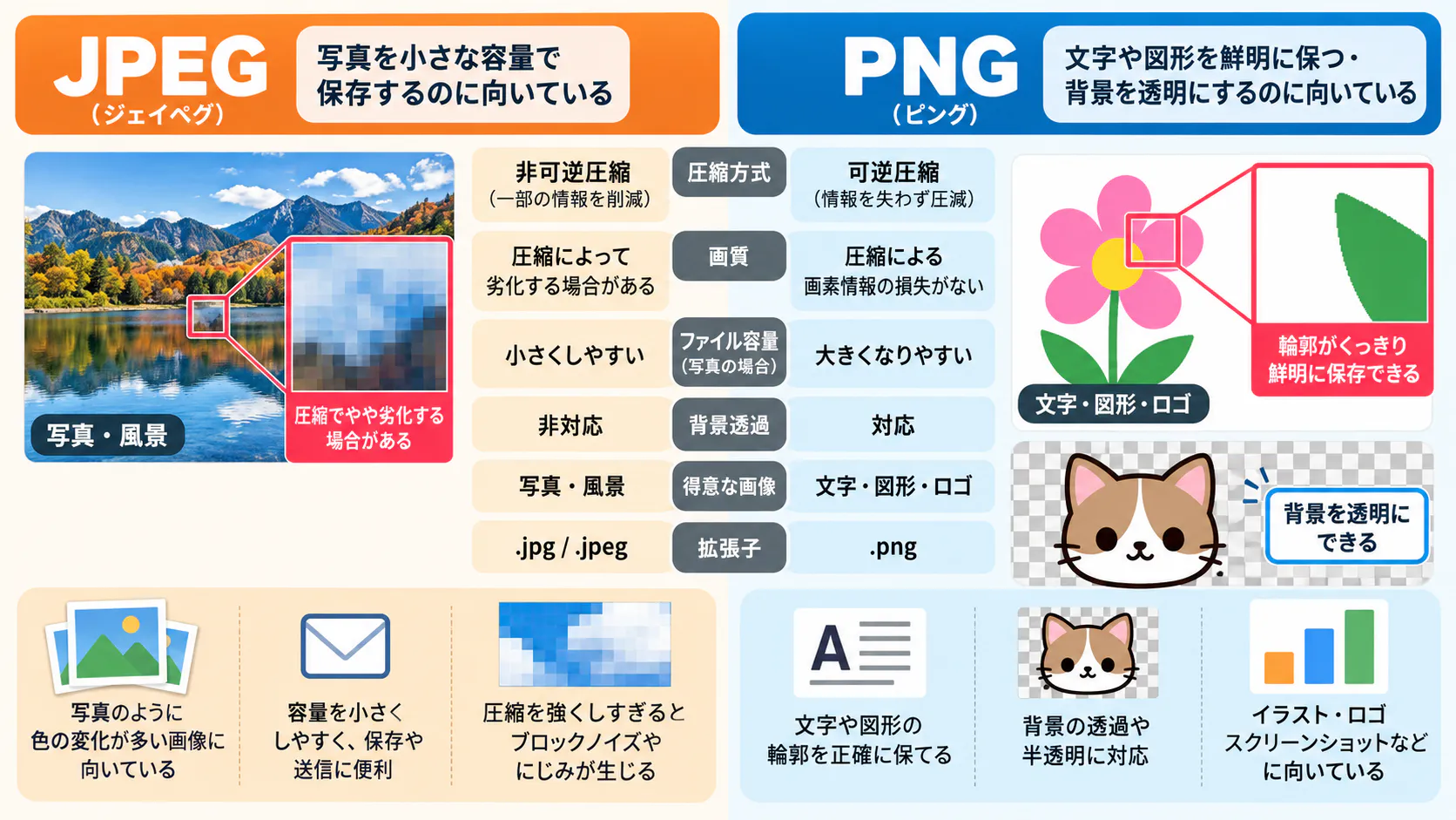 JPEGとPNGの違いを比較した図解。JPEGは写真の容量を小さくしやすい非可逆圧縮、PNGは文字や図形の鮮明さを保ち、背景透過にも対応する可逆圧縮であることを示している。