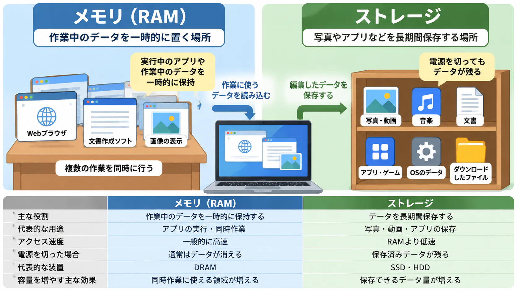 メモリ(RAM)とストレージの違いを比較した図解。メモリは作業中のデータを一時的に保持し、ストレージは写真やアプリなどを長期間保存する役割を示している。