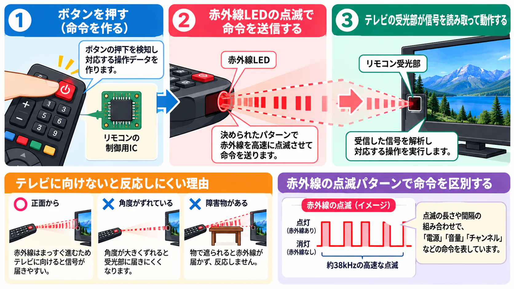 テレビの赤外線リモコンが操作命令を送る仕組みと、リモコンの向きがずれている場合や障害物がある場合に赤外線が受光部へ届きにくくなる理由を示した図解。